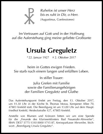 Anzeige von Ursula Greguletz von General-Anzeiger Bonn