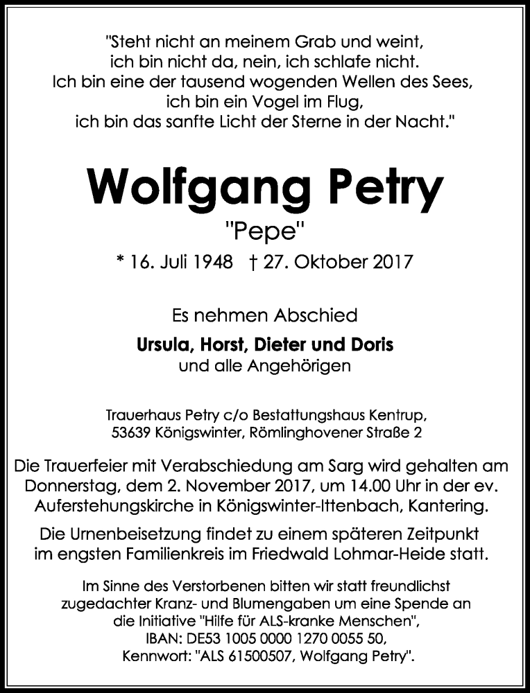  Traueranzeige für Wolfgang Petry vom 30.10.2017 aus General-Anzeiger Bonn