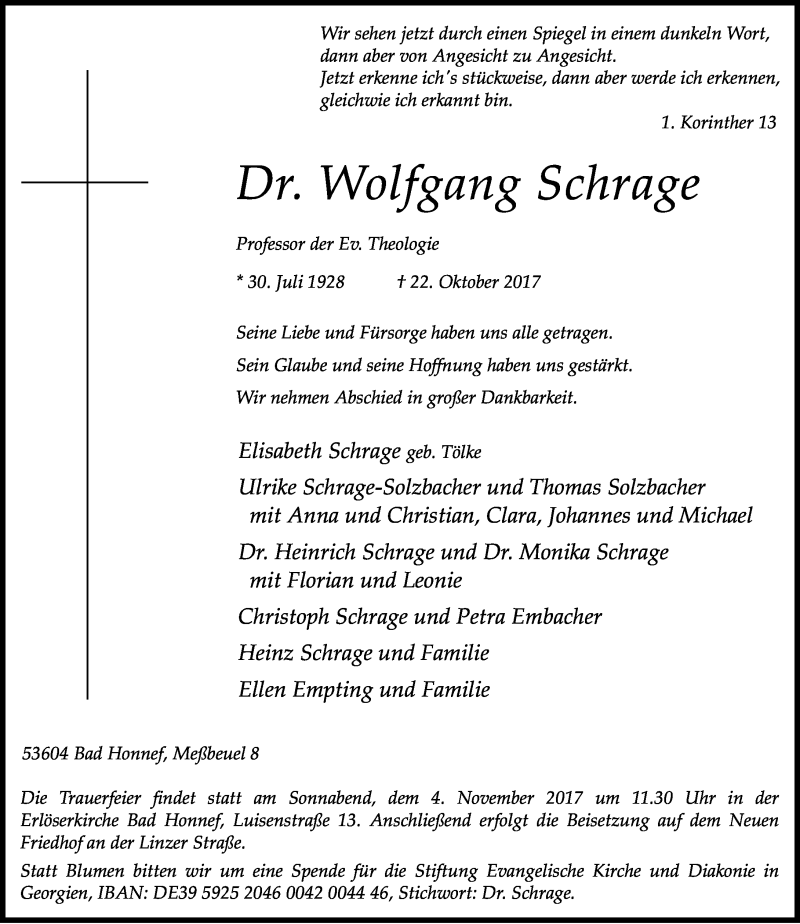  Traueranzeige für Wolfgang Schrage vom 28.10.2017 aus General-Anzeiger Bonn