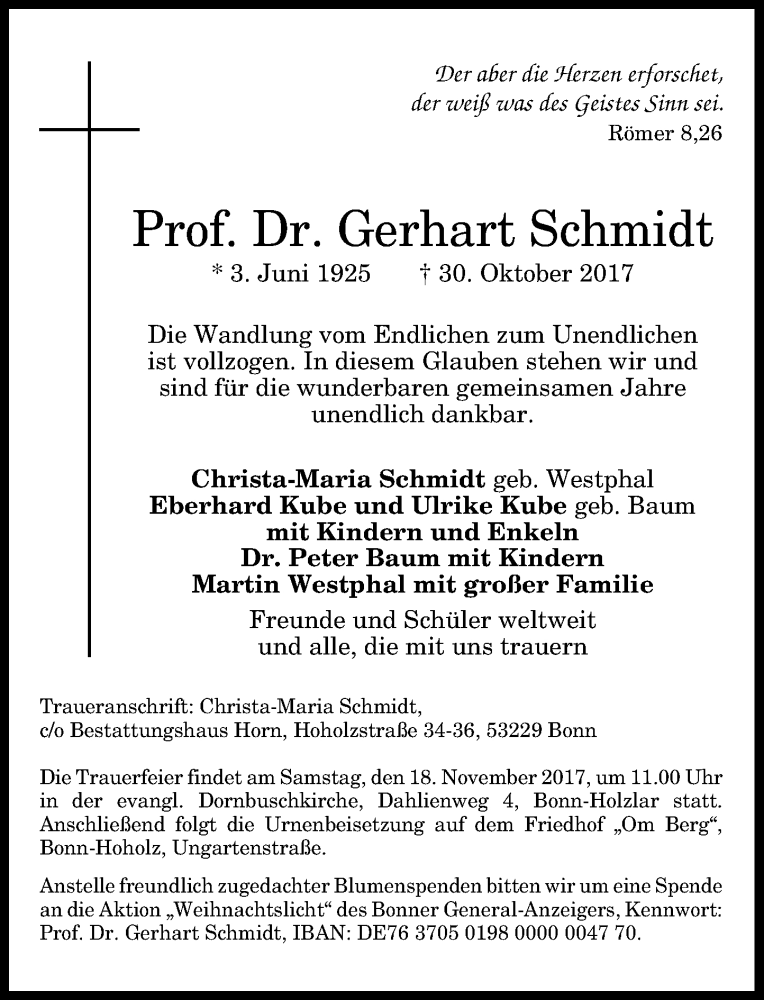  Traueranzeige für Gerhart Schmidt vom 11.11.2017 aus General-Anzeiger Bonn