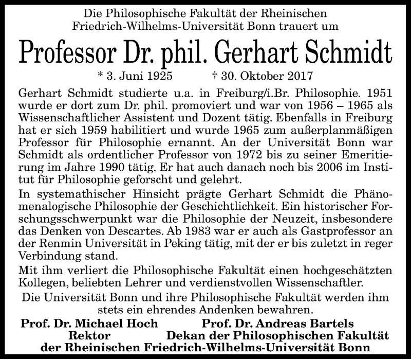  Traueranzeige für Gerhart Schmidt vom 25.11.2017 aus General-Anzeiger Bonn
