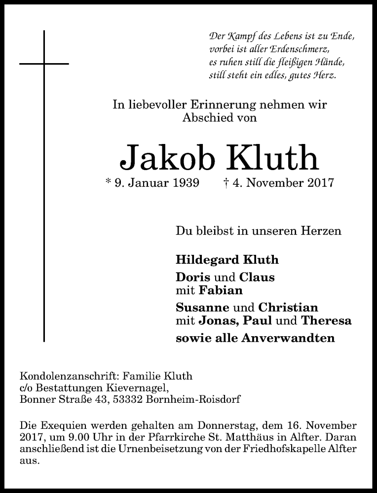  Traueranzeige für Jakob Kluth vom 08.11.2017 aus General-Anzeiger Bonn