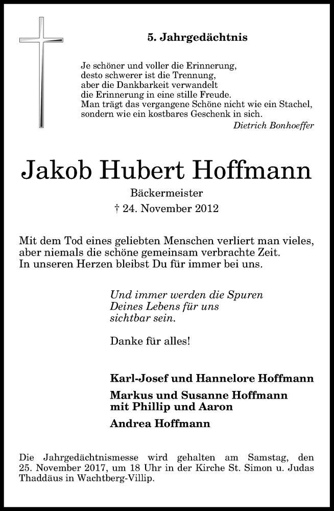  Traueranzeige für Jakob Hubert Hoffmann vom 25.11.2017 aus General-Anzeiger Bonn