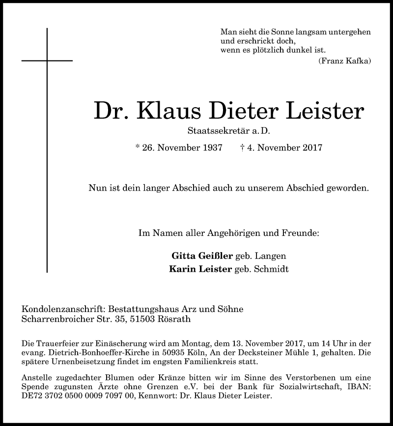  Traueranzeige für Klaus Dieter Leister vom 08.11.2017 aus General-Anzeiger Bonn