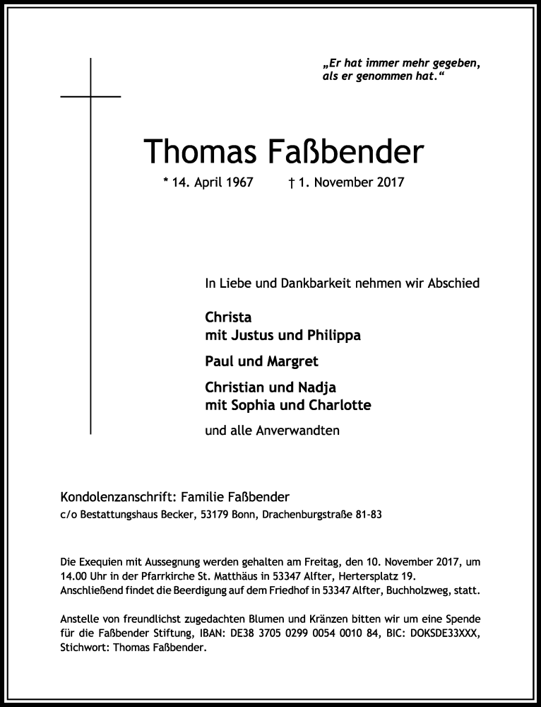  Traueranzeige für Thomas Faßbender vom 04.11.2017 aus General-Anzeiger Bonn