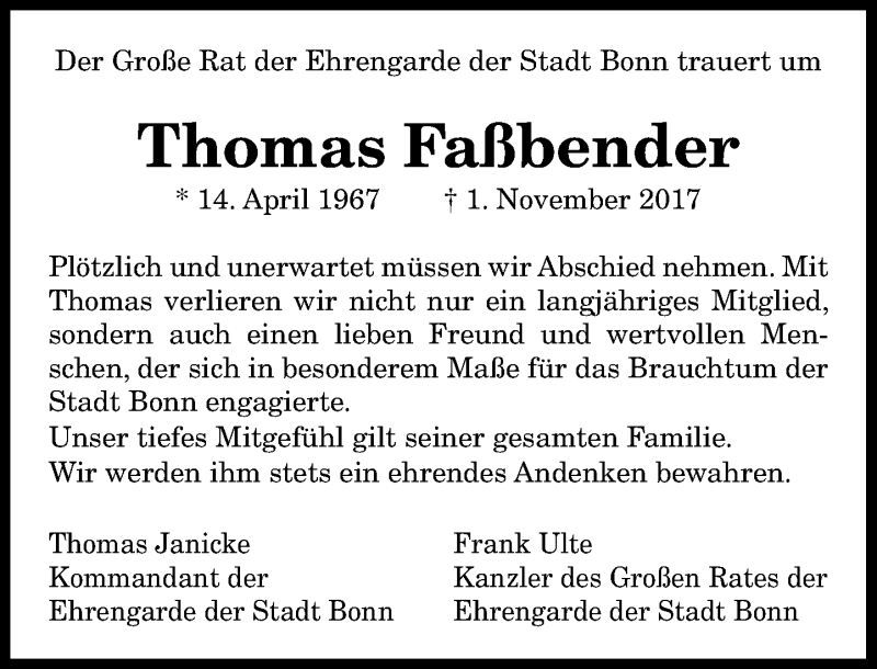  Traueranzeige für Thomas Faßbender vom 08.11.2017 aus General-Anzeiger Bonn