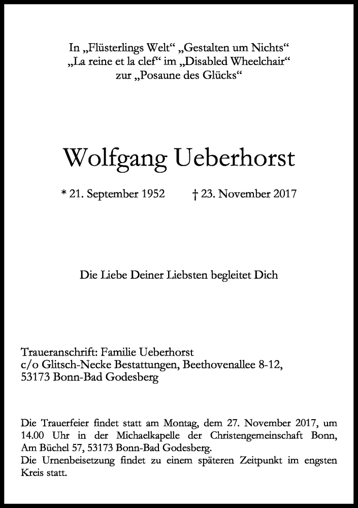  Traueranzeige für Wolfgang Ueberhorst vom 25.11.2017 aus General-Anzeiger Bonn