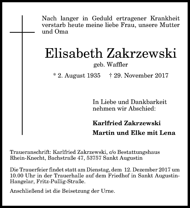 Traueranzeige für Elisabeth Zakrezewski vom 02.12.2017 aus General-Anzeiger Bonn