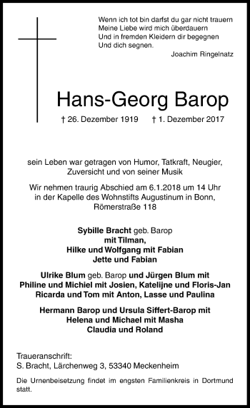 Anzeige von Hans-Georg Barop von General-Anzeiger Bonn