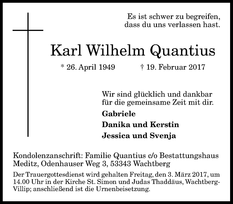 Traueranzeige für Karl Wilhelm Quantius vom 25.02.2017 aus General-Anzeiger Bonn