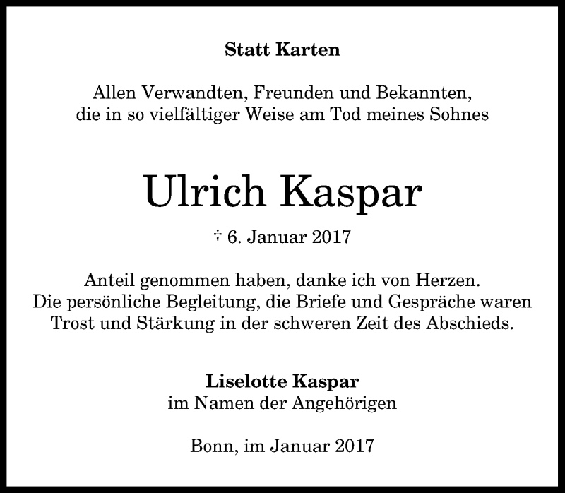  Traueranzeige für Ulrich Kaspar vom 11.02.2017 aus General-Anzeiger Bonn