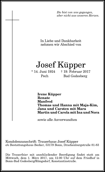 Anzeige von Josef Klipper von General-Anzeiger Bonn