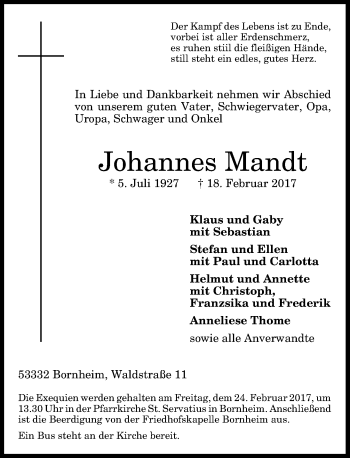Anzeige von Johannes Mandt von General-Anzeiger Bonn