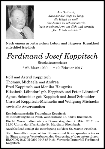 Anzeige von Ferdinand Josef Koppitsch von General-Anzeiger Bonn