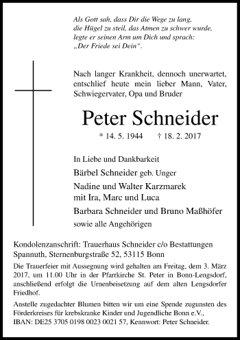 Anzeige von Peter Schneider von General-Anzeiger Bonn