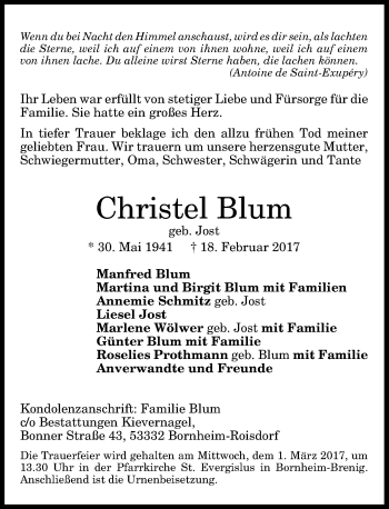 Anzeige von Christel Blum von General-Anzeiger Bonn