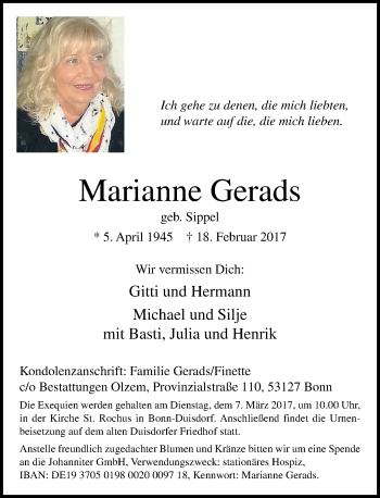 Anzeige von Marianne Gerads von General-Anzeiger Bonn
