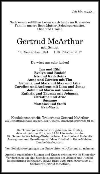 Anzeige von Gertrud McArthur von General-Anzeiger Bonn