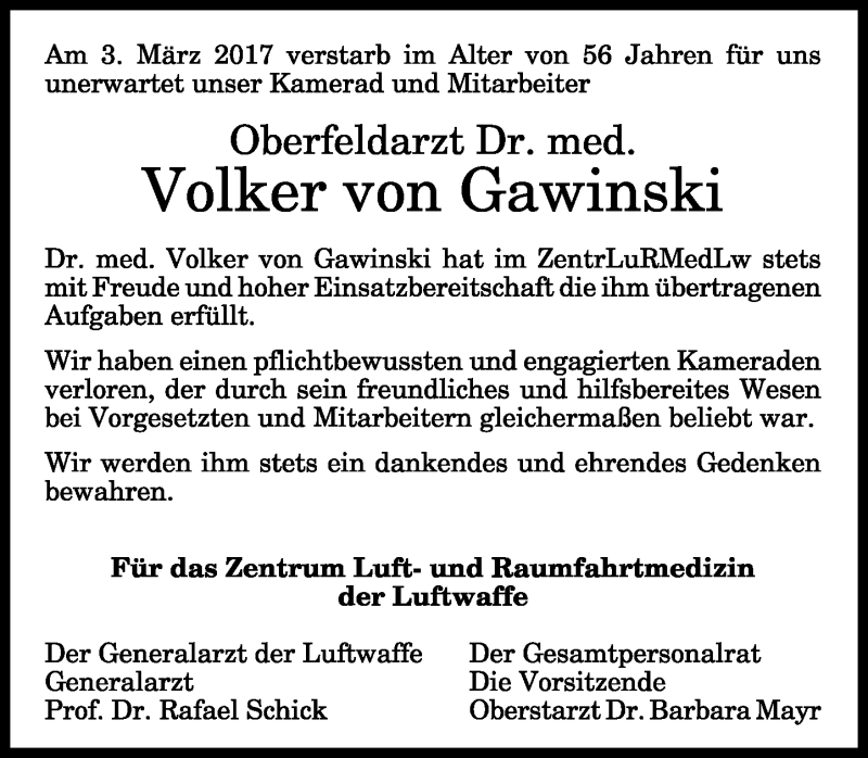  Traueranzeige für Volker von Gawinski vom 11.03.2017 aus General-Anzeiger Bonn