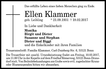 Anzeige von Ellen Klammer von General-Anzeiger Bonn