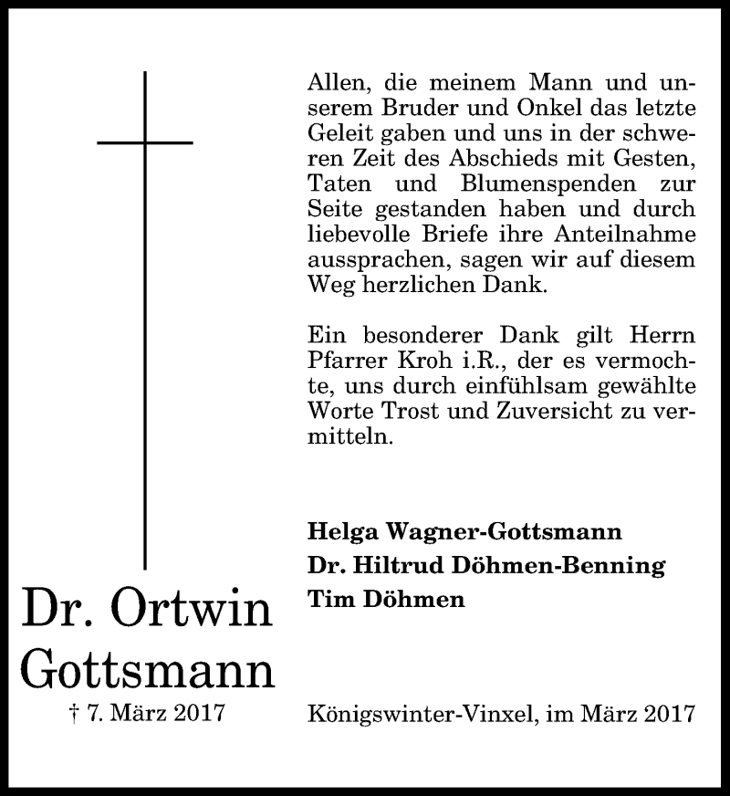  Traueranzeige für Ortwin Gottsmann vom 25.03.2017 aus General-Anzeiger Bonn
