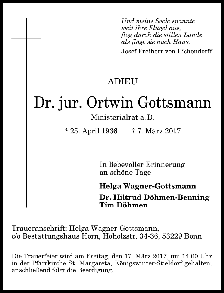  Traueranzeige für Ortwin Gottsmann vom 11.03.2017 aus General-Anzeiger Bonn