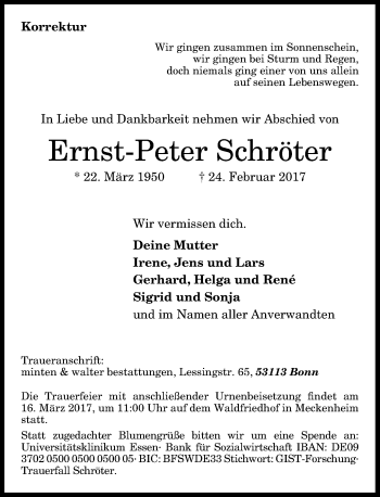 Anzeige von Ernst-Peter Schröter von General-Anzeiger Bonn