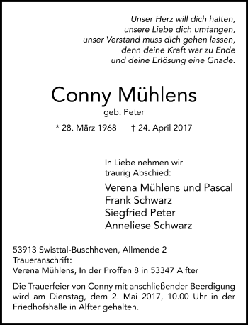 Anzeige von Conny Mühlens von General-Anzeiger Bonn