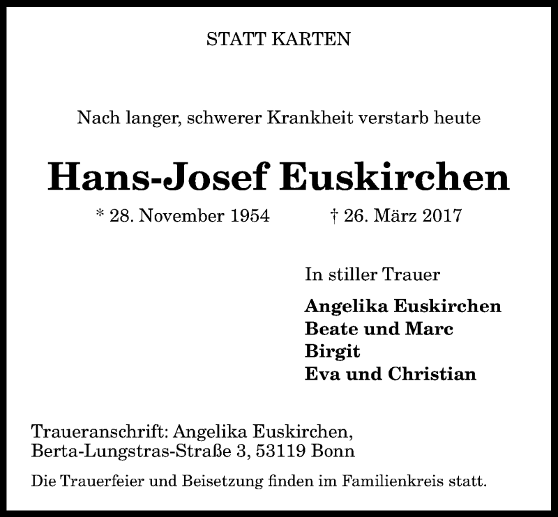  Traueranzeige für Hans-Josef Euskirchen vom 01.04.2017 aus General-Anzeiger Bonn