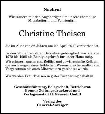 Anzeige von Christine Theisen von General-Anzeiger Bonn