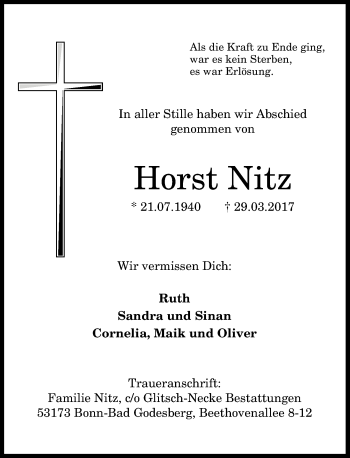 Anzeige von Horst Nitz von General-Anzeiger Bonn