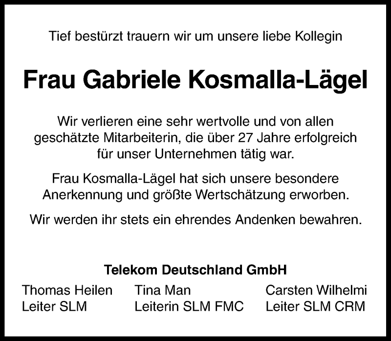 Traueranzeige für Gabriele Kosmalla-Lägel vom 22.04.2017 aus General-Anzeiger Bonn