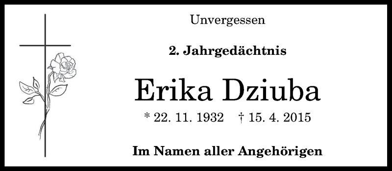  Traueranzeige für Erika Dziuba vom 01.04.2017 aus General-Anzeiger Bonn