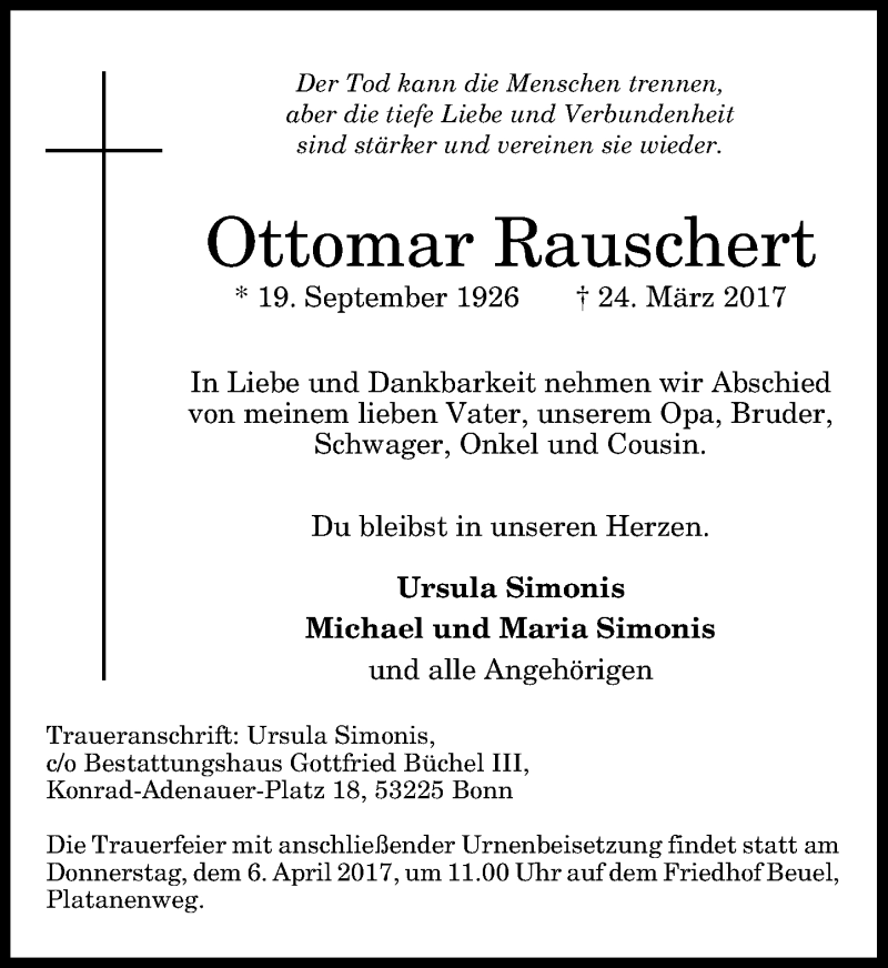  Traueranzeige für Ottomar Rauschert vom 01.04.2017 aus General-Anzeiger Bonn