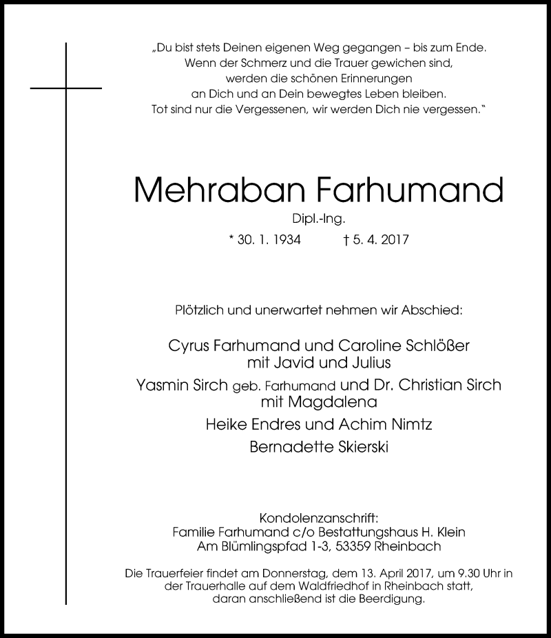  Traueranzeige für Mehraban Farhumand vom 08.04.2017 aus General-Anzeiger Bonn