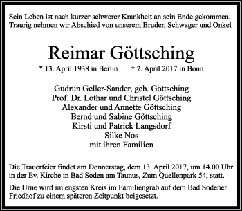 Anzeige von Reimar Göttsching von General-Anzeiger Bonn