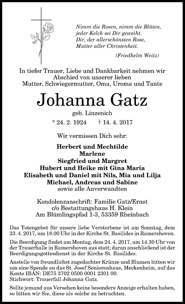  Traueranzeige für Johanna Gatz vom 22.04.2017 aus General-Anzeiger Bonn