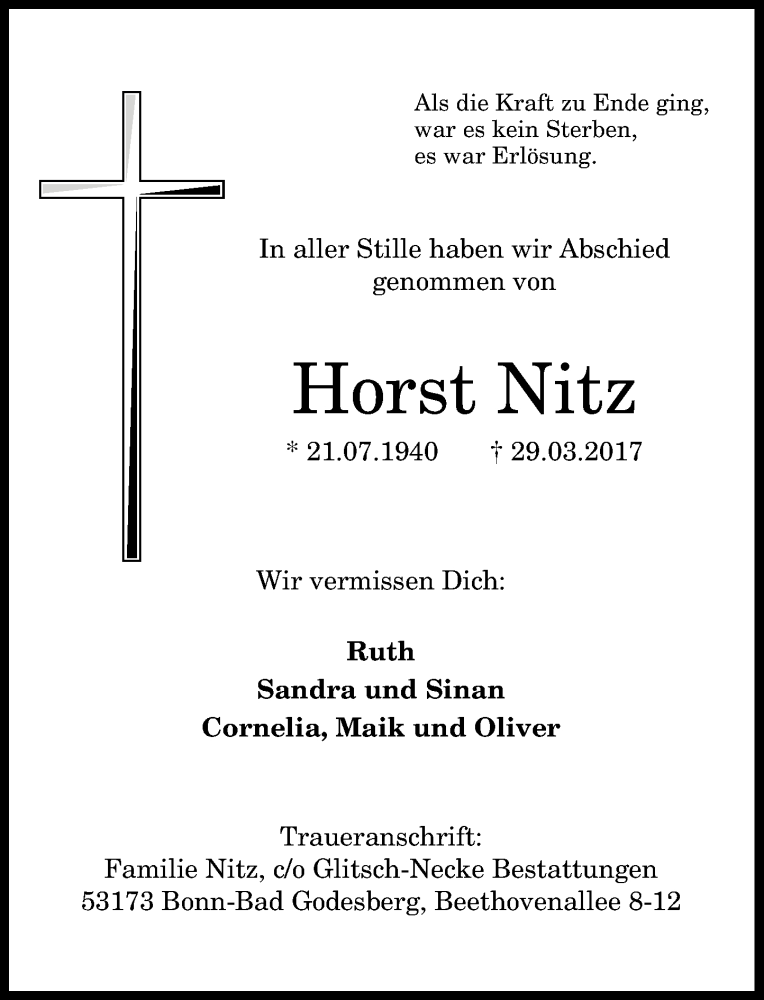 Traueranzeige für Horst Nitz vom 01.04.2017 aus General-Anzeiger Bonn
