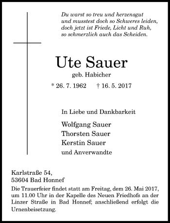 Anzeige von Ute Sauer von General-Anzeiger Bonn