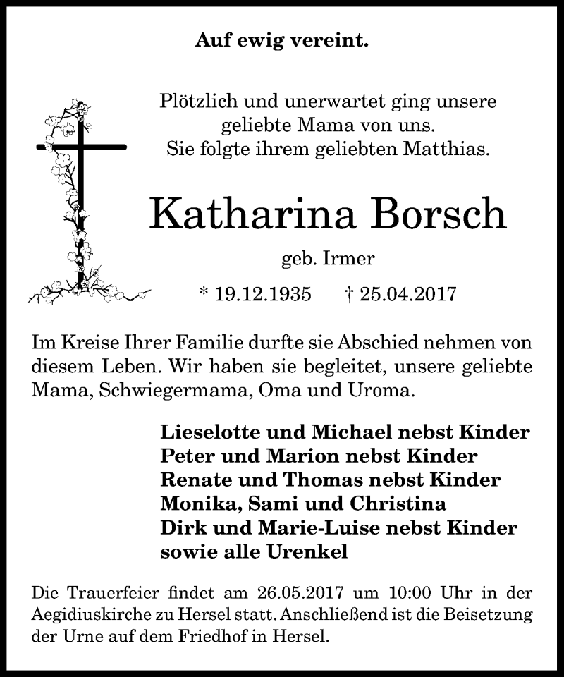  Traueranzeige für Katharina Borsch vom 13.05.2017 aus General-Anzeiger Bonn