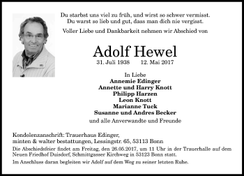 Anzeige von Adolf Hewel von General-Anzeiger Bonn