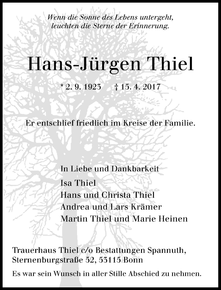  Traueranzeige für Hans-Jürgen Thiel vom 20.05.2017 aus General-Anzeiger Bonn