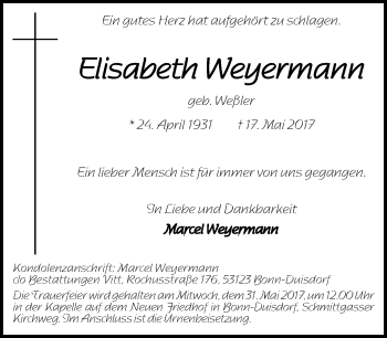 Anzeige von Elisabeth Weyermann von General-Anzeiger Bonn