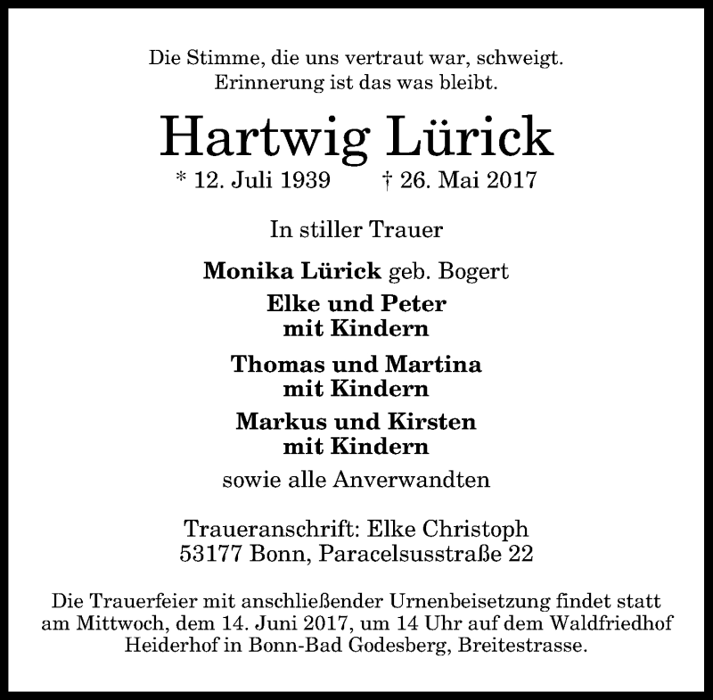  Traueranzeige für Hartwig Lürick vom 10.06.2017 aus General-Anzeiger Bonn