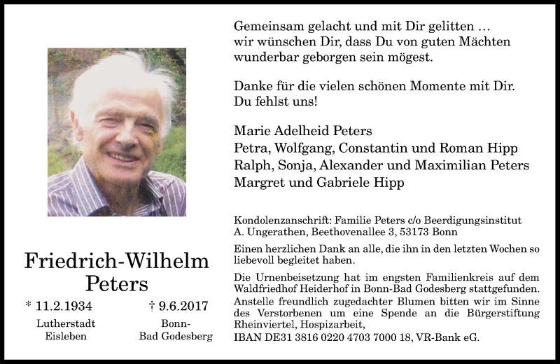  Traueranzeige für Friedrich-Wilhelm Peters vom 01.07.2017 aus General-Anzeiger Bonn