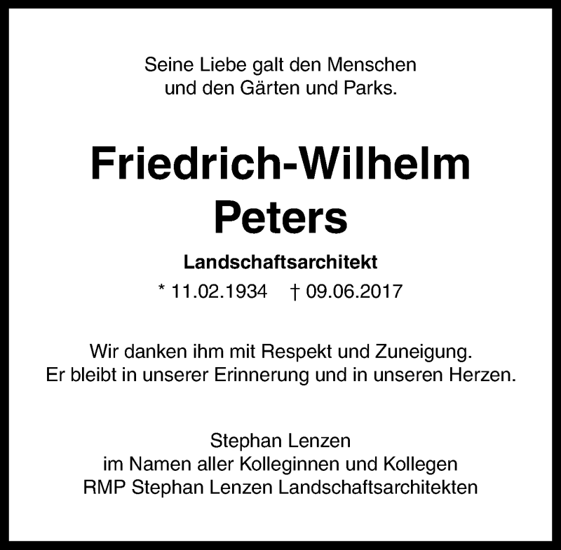  Traueranzeige für Friedrich-Wilhelm Peters vom 21.07.2017 aus General-Anzeiger Bonn