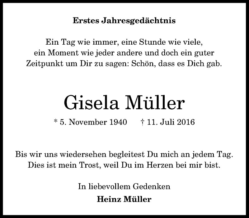  Traueranzeige für Gisela Müller vom 11.07.2017 aus General-Anzeiger Bonn
