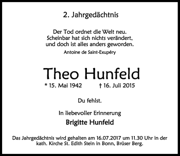 Anzeige von Theo Hunfeld von General-Anzeiger Bonn