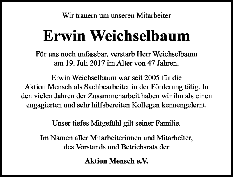  Traueranzeige für Erwin Weichselbaum vom 29.07.2017 aus General-Anzeiger Bonn