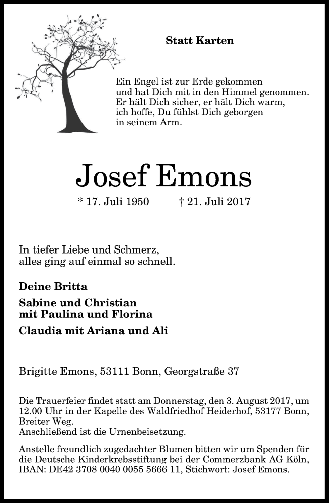  Traueranzeige für Josef Emons vom 29.07.2017 aus General-Anzeiger Bonn